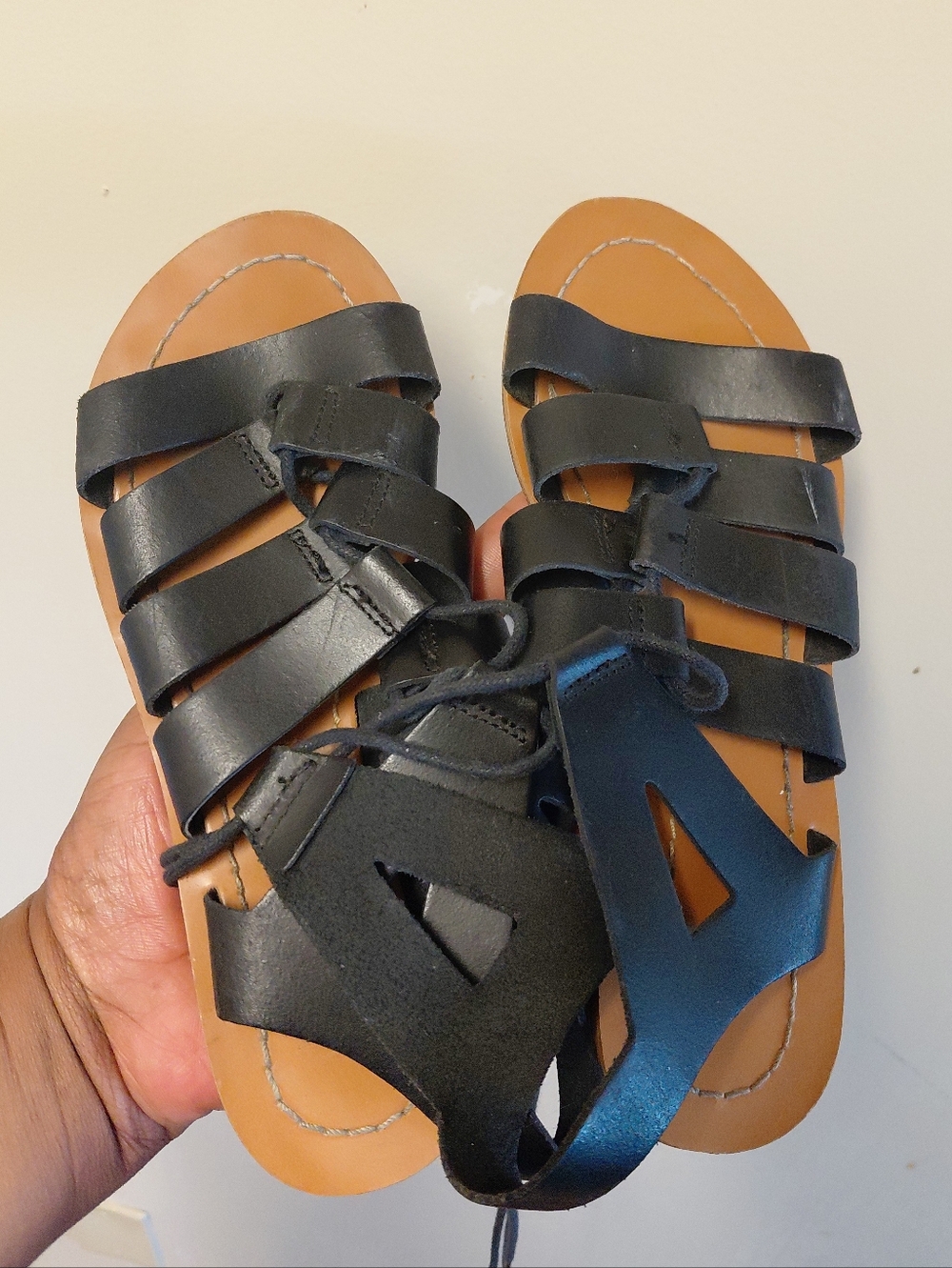 Ver Cuoio Women's Black Italian Leather Strappy Gladiator Flats Sandals Size 5 - Picture 3 of 10